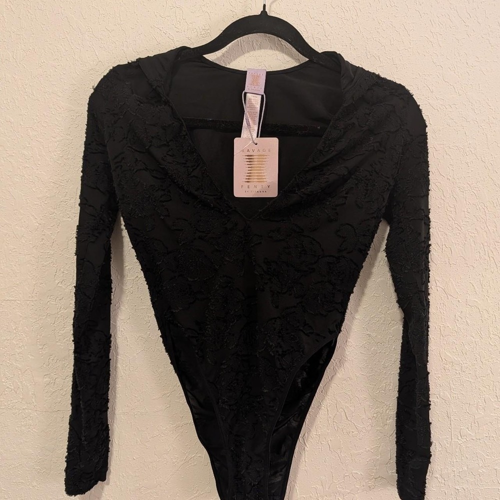 Womens Savage x Fenty Black Bodysuit XS NWT Hooded Sheer Floral Long Sleeve